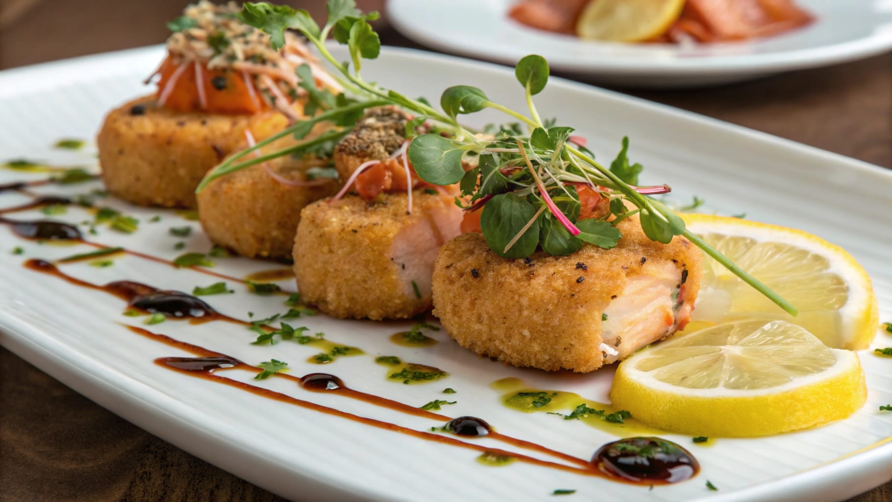 Beautifully plated crispy salmon bites garnished with fresh greens and lemon slices, drizzled with sauces on a white plate.