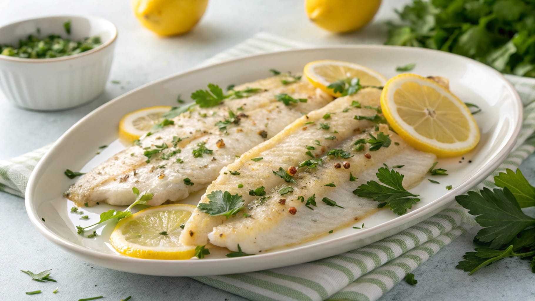 Deliciously cooked sole fish fillets with lemon and herbs on a plate