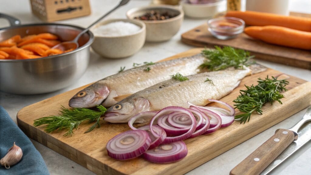 Whole raw fish prepared on a wooden board with fresh herbs, sliced red onions, and cooking ingredients like carrots and spices in the background.