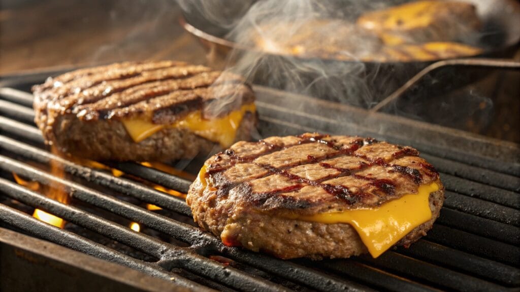 Close-up of two beef patties with melted cheddar cheese sizzling on a grill, featuring grill marks and light smoke rising
