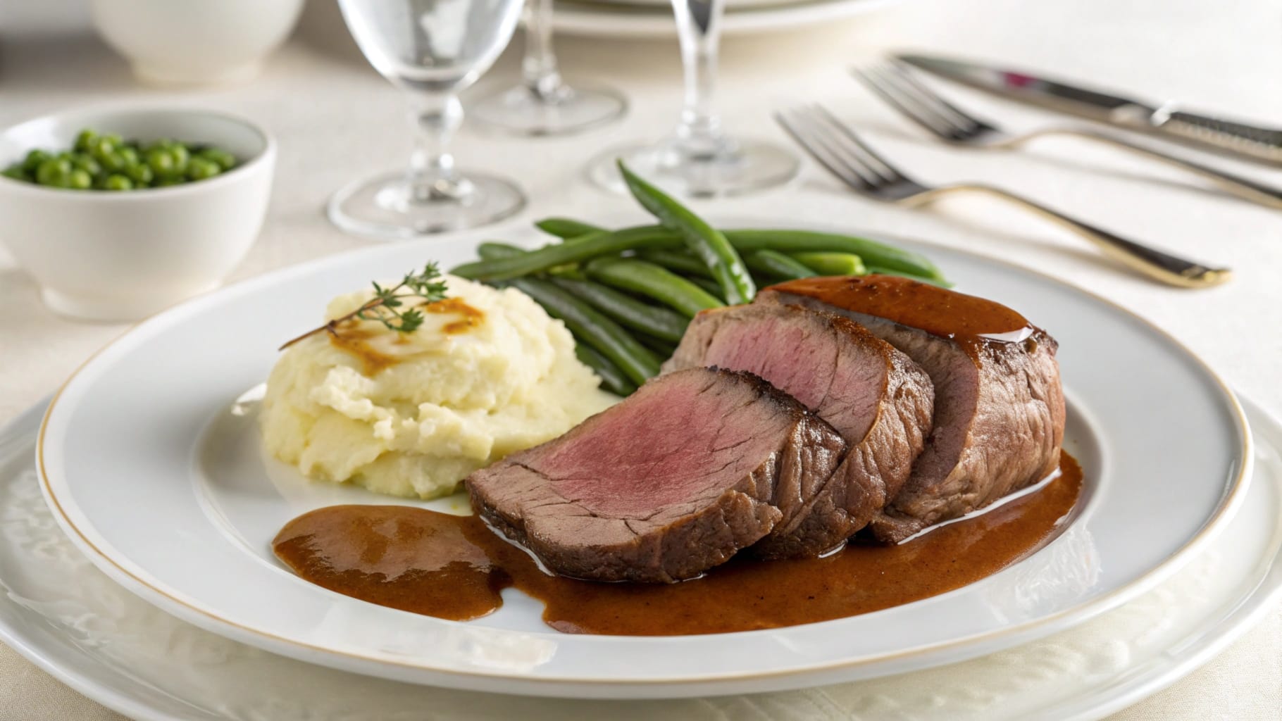 A gourmet-style roast beef dish served with mashed potatoes, green beans, and a drizzle of brown gravy on a white ceramic plate.