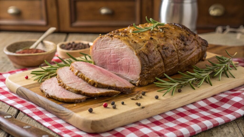 A perfectly cooked roast beef with a golden crust, sliced and garnished with fresh rosemary on a wooden cutting board.