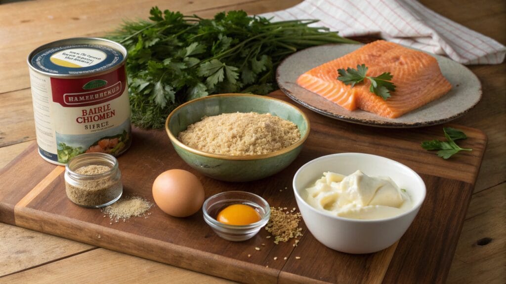 Ingredients for grandma’s old-fashioned salmon patties: canned salmon, breadcrumbs, egg, mayonnaise, and fresh herbs.