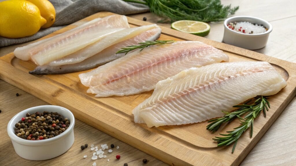 A selection of raw fish fillets, including tilapia and cod, displayed on a wooden board with fresh rosemary, lemons, and peppercorns.