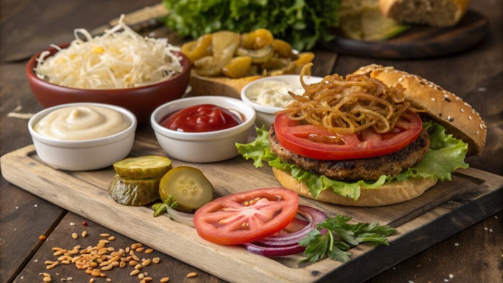 A vibrant display of fresh and prepared burger toppings, including sliced tomatoes, lettuce, pickles, caramelized onions, and condiments like ketchup and mayonnaise on a wooden board