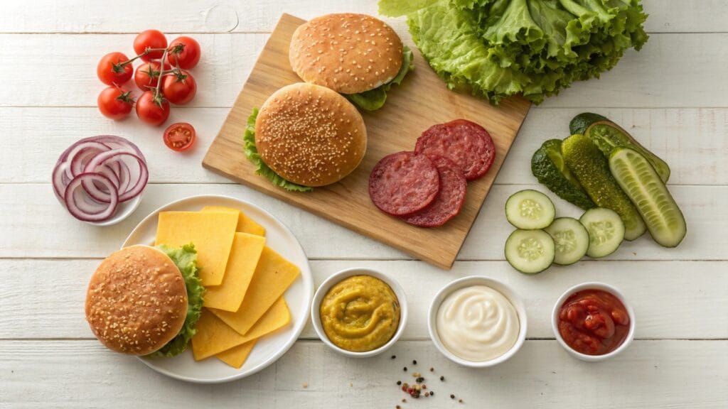 A vibrant flat-lay of fresh ingredients for making burgers, including burger buns, cheddar cheese slices, lettuce, tomatoes, sliced onions, pickles, and condiments like ketchup, mustard, and mayonnaise