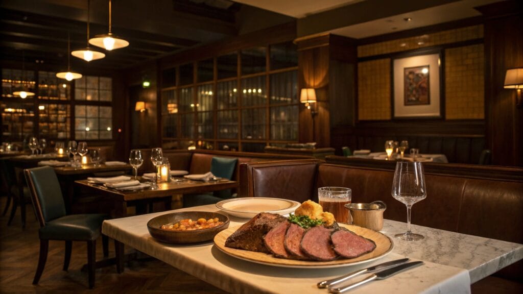 A cozy restaurant interior featuring a table set with roast beef slices, Yorkshire pudding, vegetables, and a glass of beer, illuminated by warm ambient lighting.