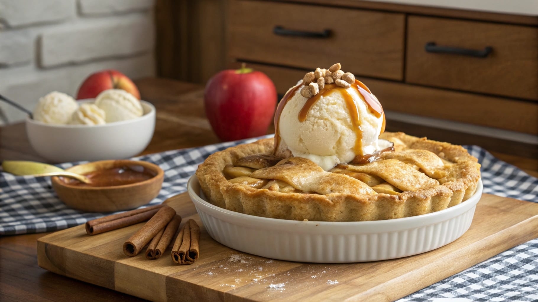 A whole apple pie à la mode topped with a large scoop of vanilla ice cream, drizzled with caramel sauce, and garnished with cinnamon sticks, set on a wooden board with apples and ice cream in the background.