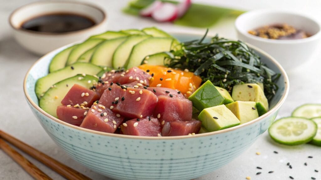 Colorful poke bowl with diced yellowfin tuna, avocado, cucumber slices, seaweed, and sesame seeds.