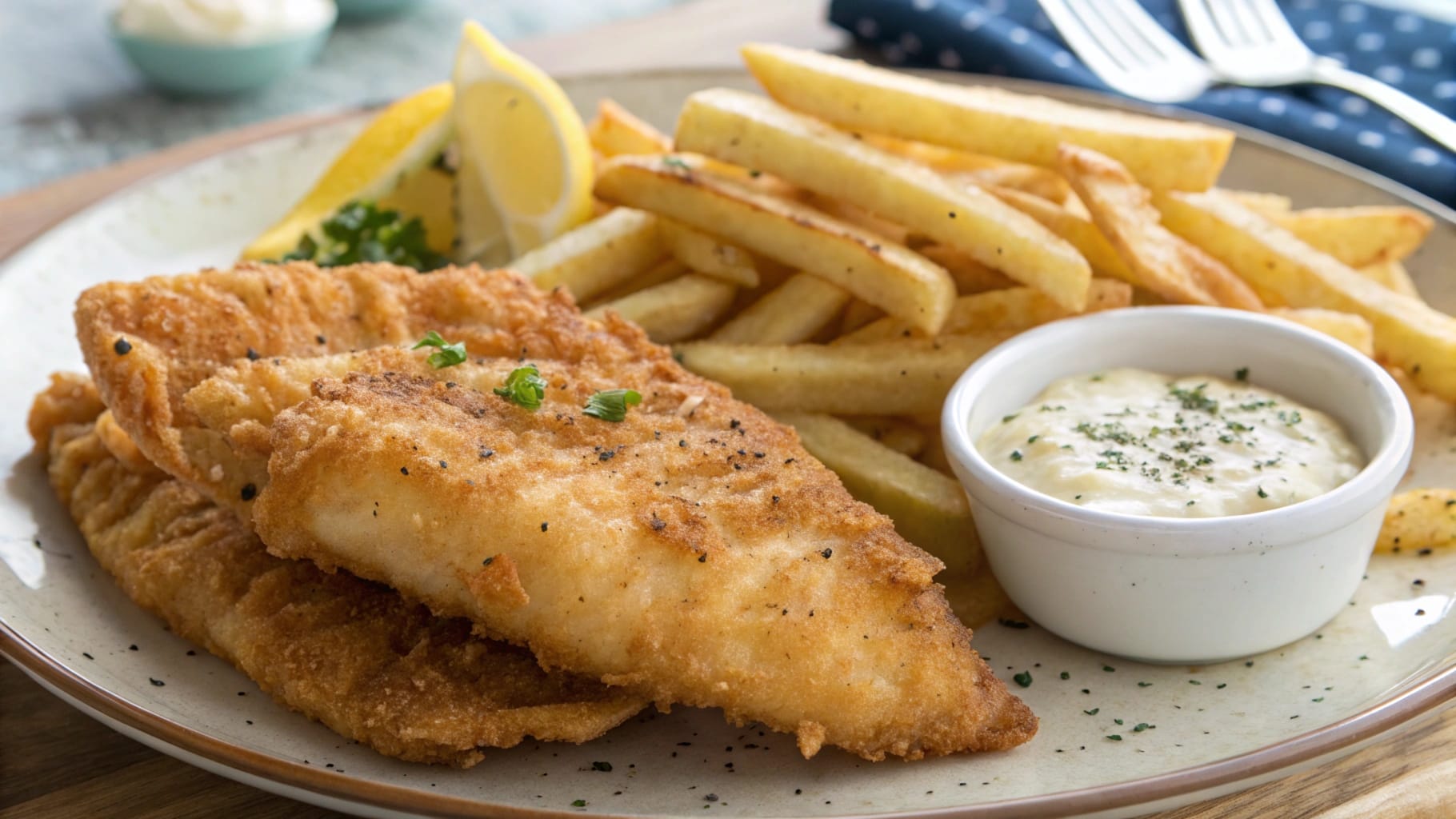Golden, crispy fried fish served with a side of fries and tartar sauce on a plate.