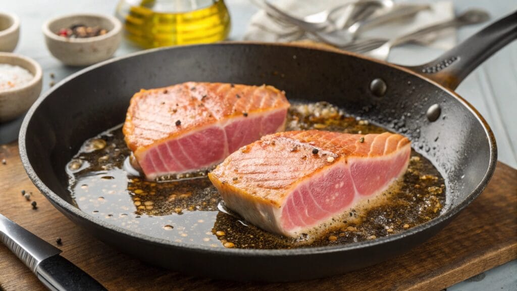 Two yellowfin tuna steaks being pan-seared in a hot skillet with sizzling oil and seasoning.
