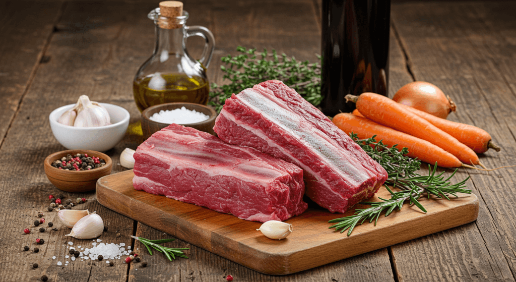 Raw boneless beef short ribs with fresh ingredients on a rustic wooden table