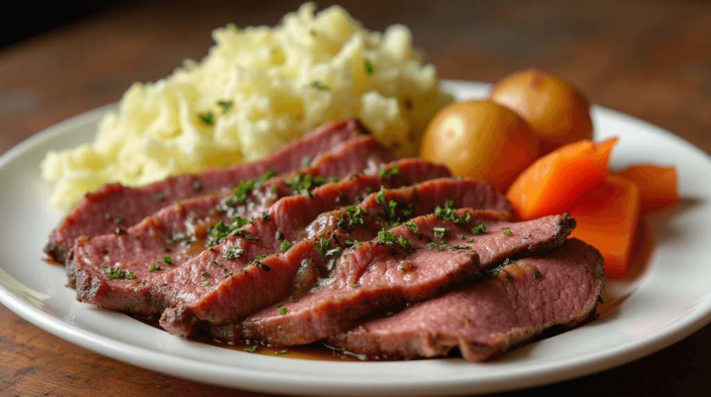 Traditional American corned beef with cabbage, potatoes, and carrots
