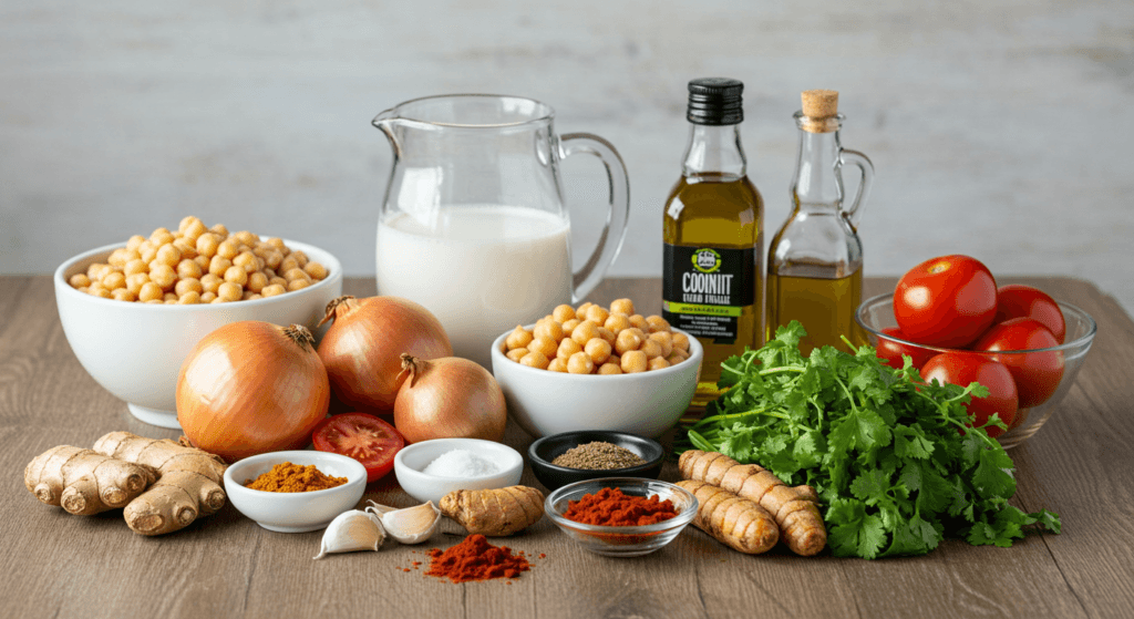 Ingredients for Easy Chickpea Curry Recipe on a rustic wooden table