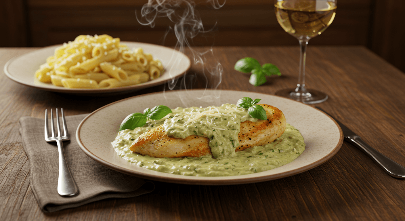 Poulet à la crème de basilic maison avec sauce onctueuse et basilic frais
