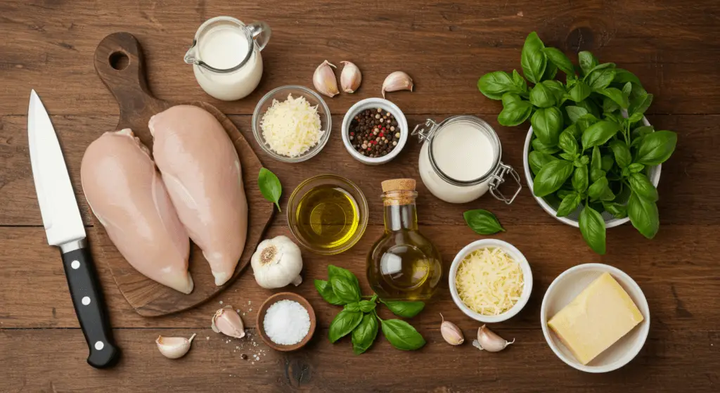 Ingrédients frais pour le poulet à la crème de basilic : blancs de poulet crus, basilic frais, ail, crème épaisse, parmesan, huile d’olive, sel et poivre