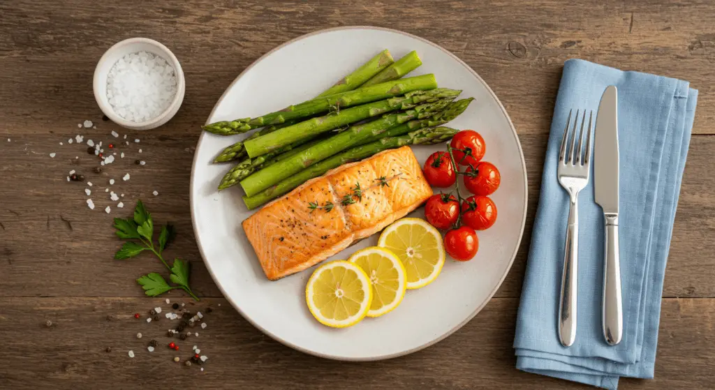 Easy healthy salmon dinner with lemon and grilled vegetables