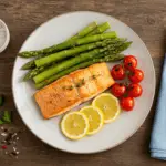 Easy healthy salmon dinner with lemon and grilled vegetables