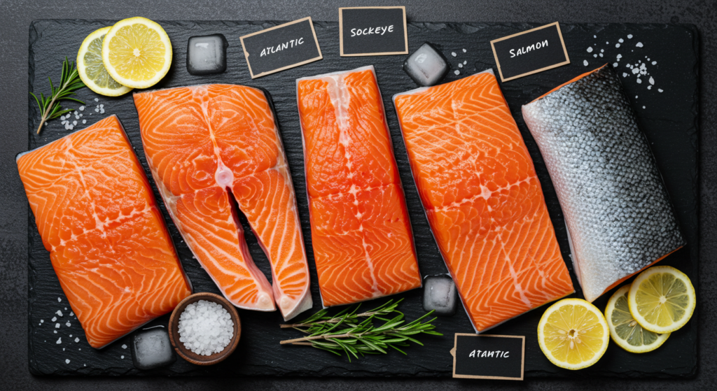Different types of raw salmon fillets with labels on a dark slate board