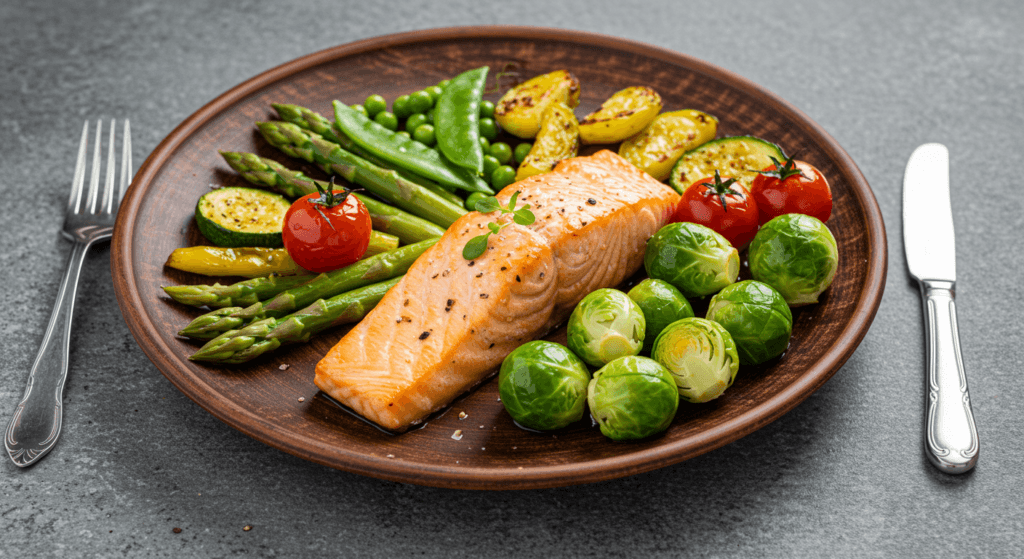 Salmon with seasonal vegetables from spring to winter