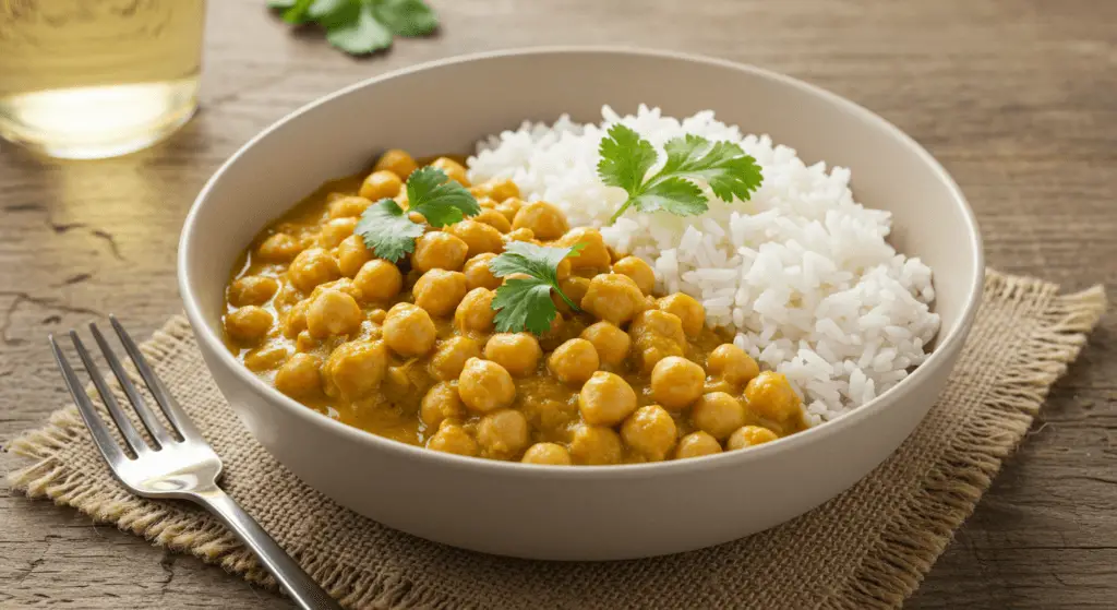 Easy Chickpea Curry Recipe served with rice and fresh herbs on a rustic table