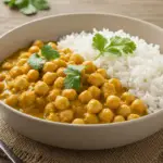 Easy Chickpea Curry Recipe served with rice and fresh herbs on a rustic table