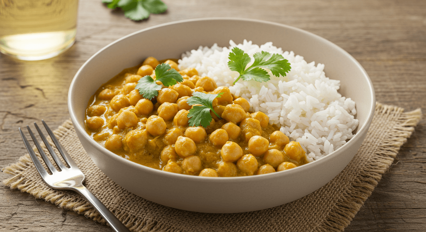 Easy Chickpea Curry Recipe served with rice and fresh herbs on a rustic table