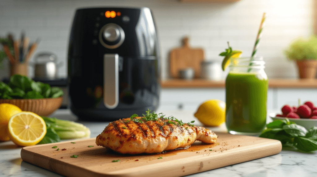 Healthy grilled chicken, smoothie, and air fryer in a modern kitchen