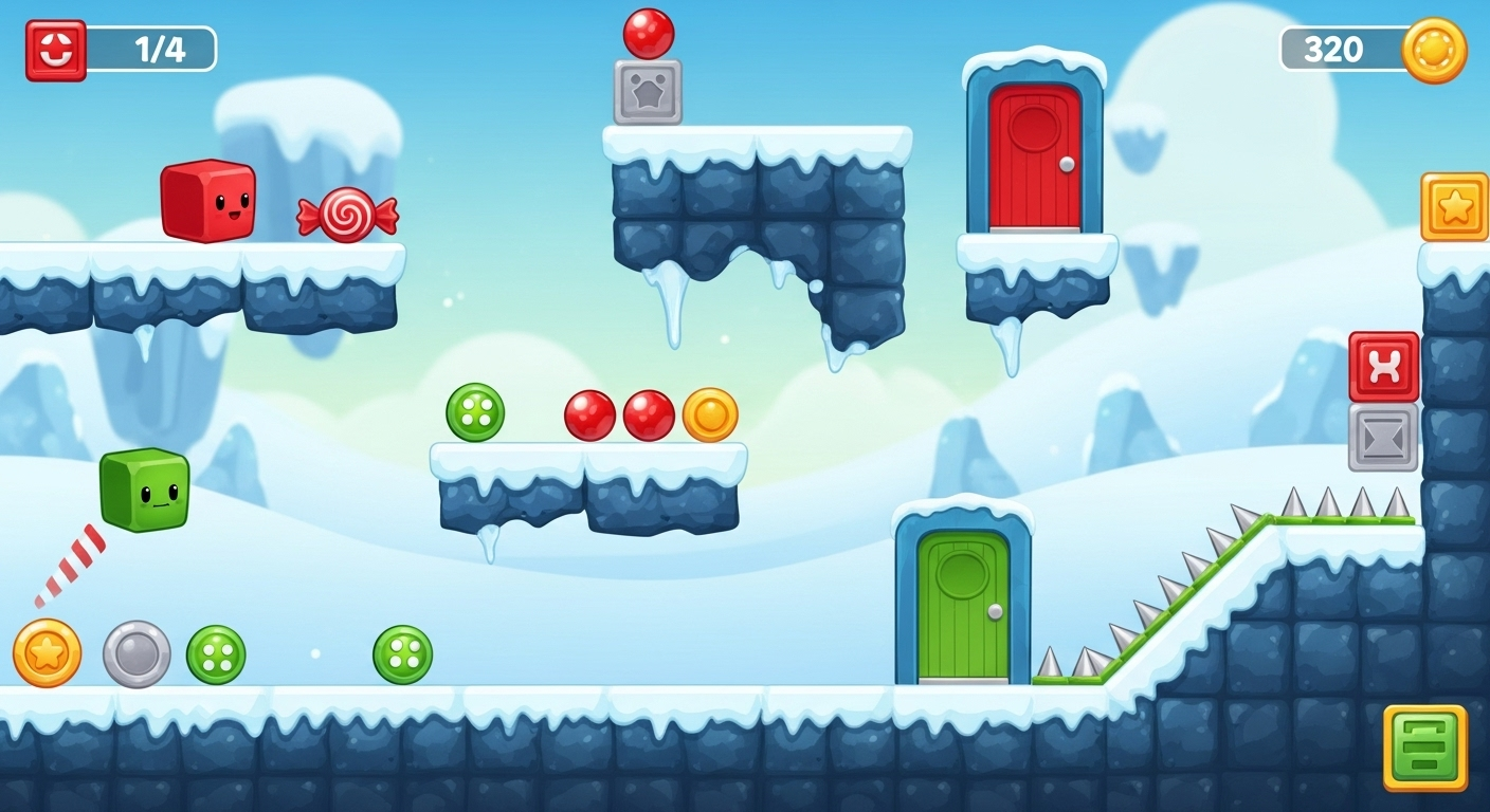 Cartoon-style winter game scene with red and green blocks, icy platforms, and candy