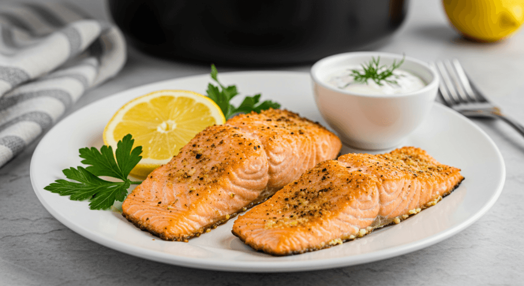 Air fryer salmon recipes easy – crispy golden salmon fillets with lemon and herbs on a white plate