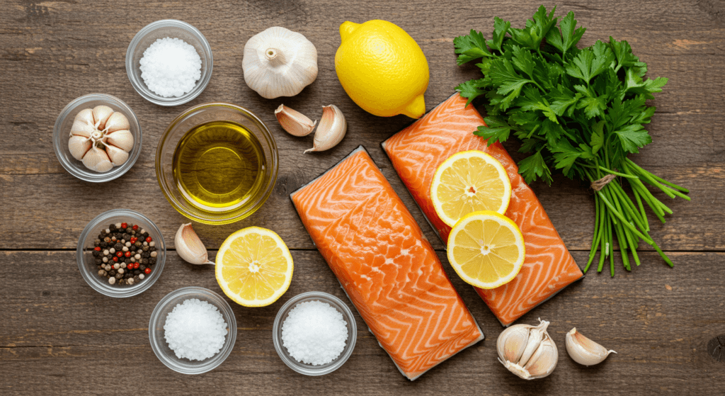 Ingredients for the perfect lemon garlic salmon laid out on a kitchen table