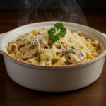 Creamy chicken pasta in a white bowl with herbs and Parmesan