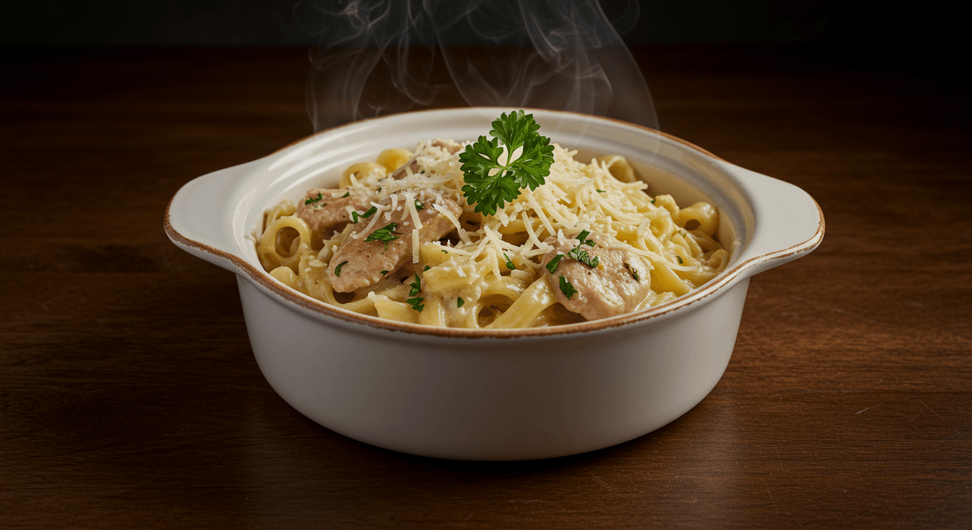 Creamy chicken pasta in a white bowl with herbs and Parmesan