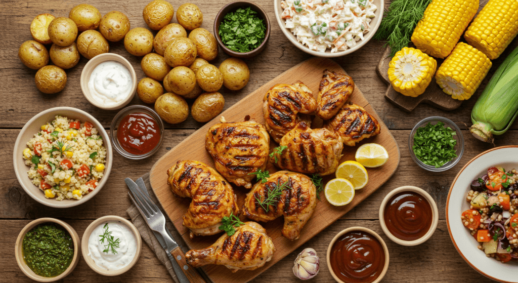 Grilled chicken with colorful side dishes and sauces like chimichurri, yogurt sauce, and grilled vegetables