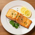 Oven-baked lemon garlic salmon fillet with parsley and lemon on a plate