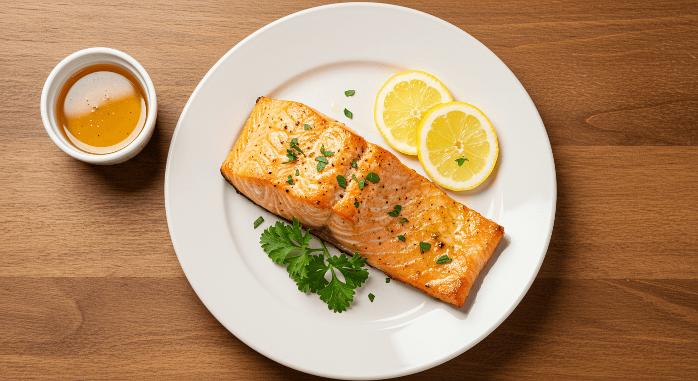 Oven-baked lemon garlic salmon fillet with parsley and lemon on a plate