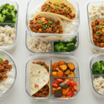 Healthy ground beef meal prep containers with vegetables and rice