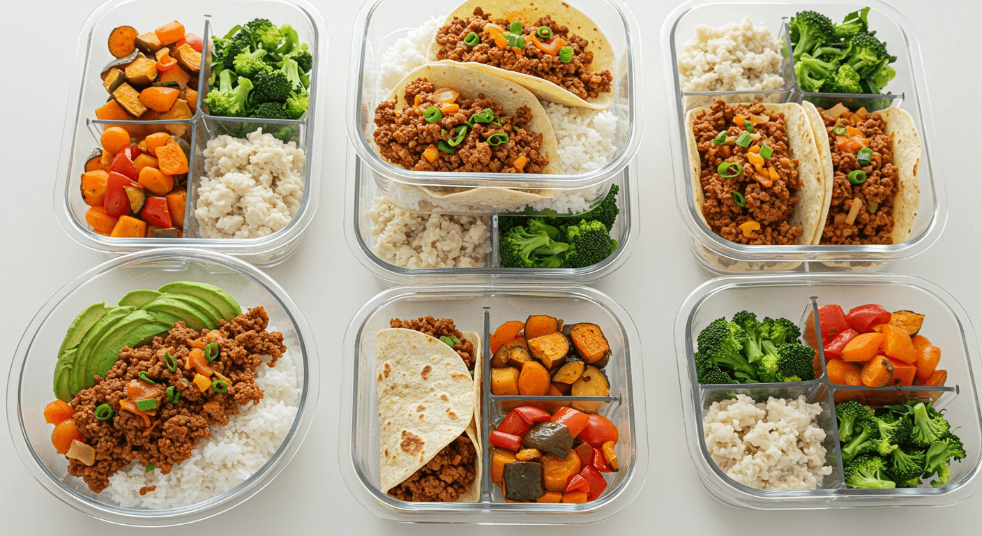 Healthy ground beef meal prep containers with vegetables and rice