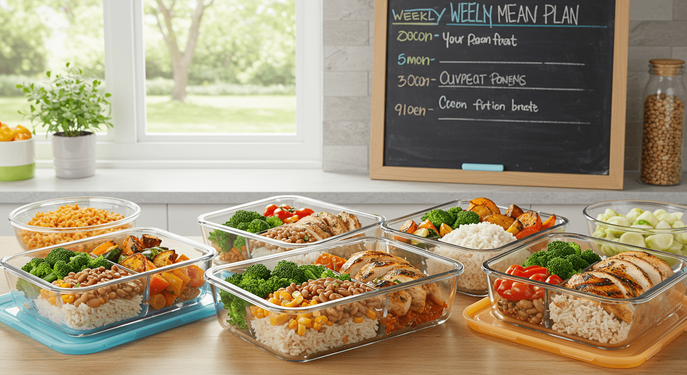 Cheap weekly budget meal prep containers with healthy food on a kitchen counter