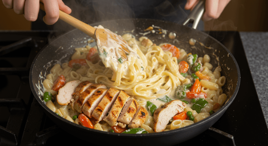 Stirring creamy chicken pasta with vegetables in a pan