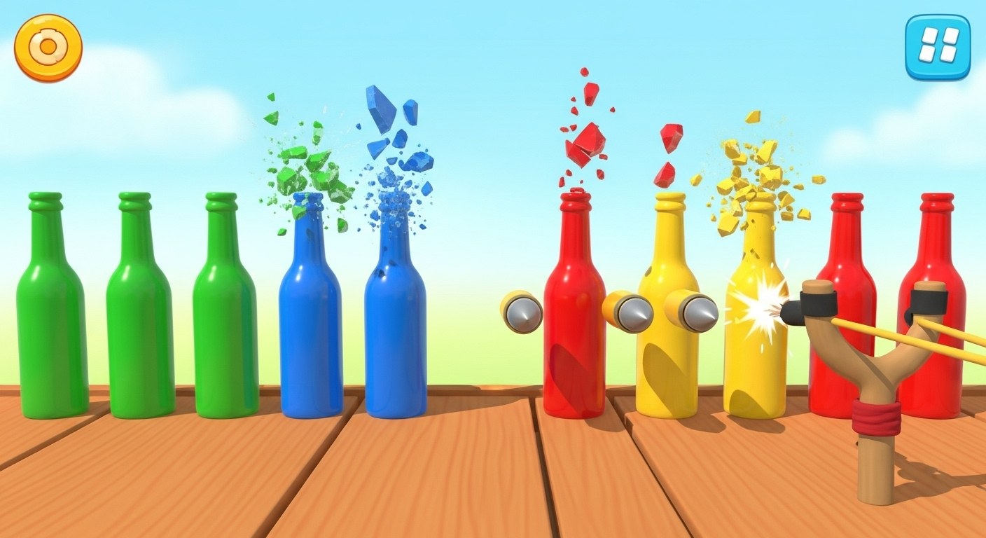Cartoon game scene with colorful glass bottles on a platform ready to be shot