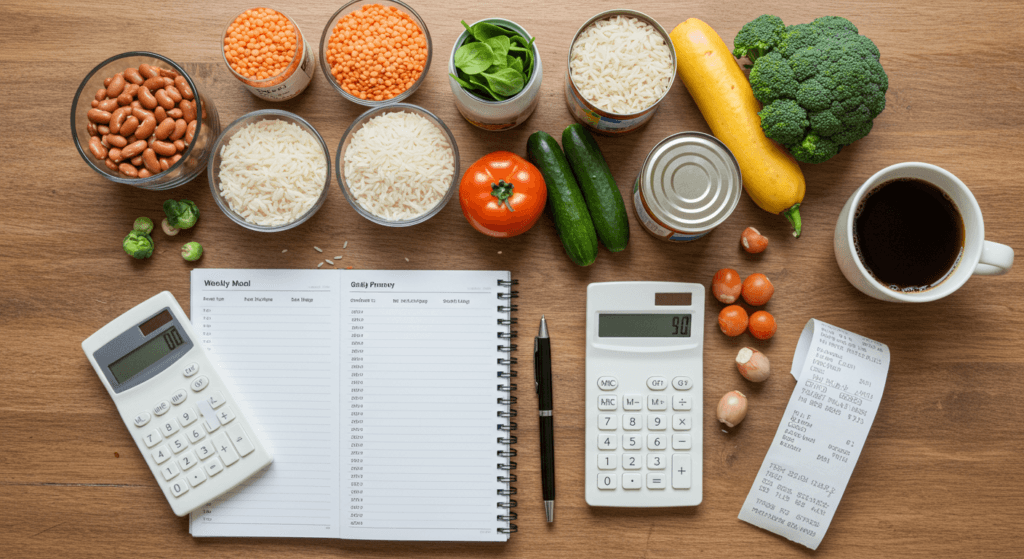Weekly meal prep budget planning with calculator, groceries, and notebook