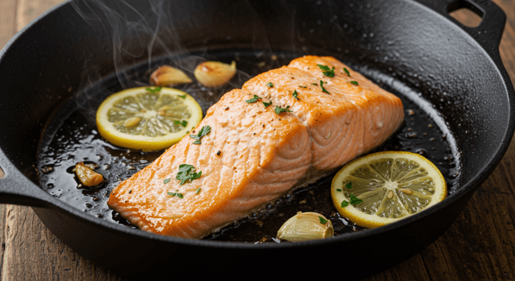 Pan-seared lemon garlic salmon cooking in a cast iron skillet