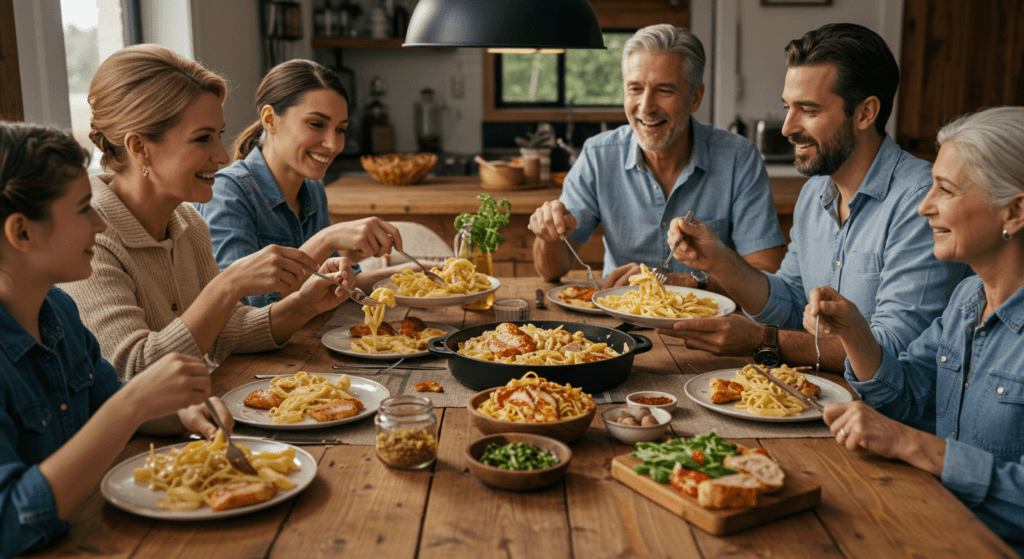 Family sharing creamy chicken pasta around a dining table