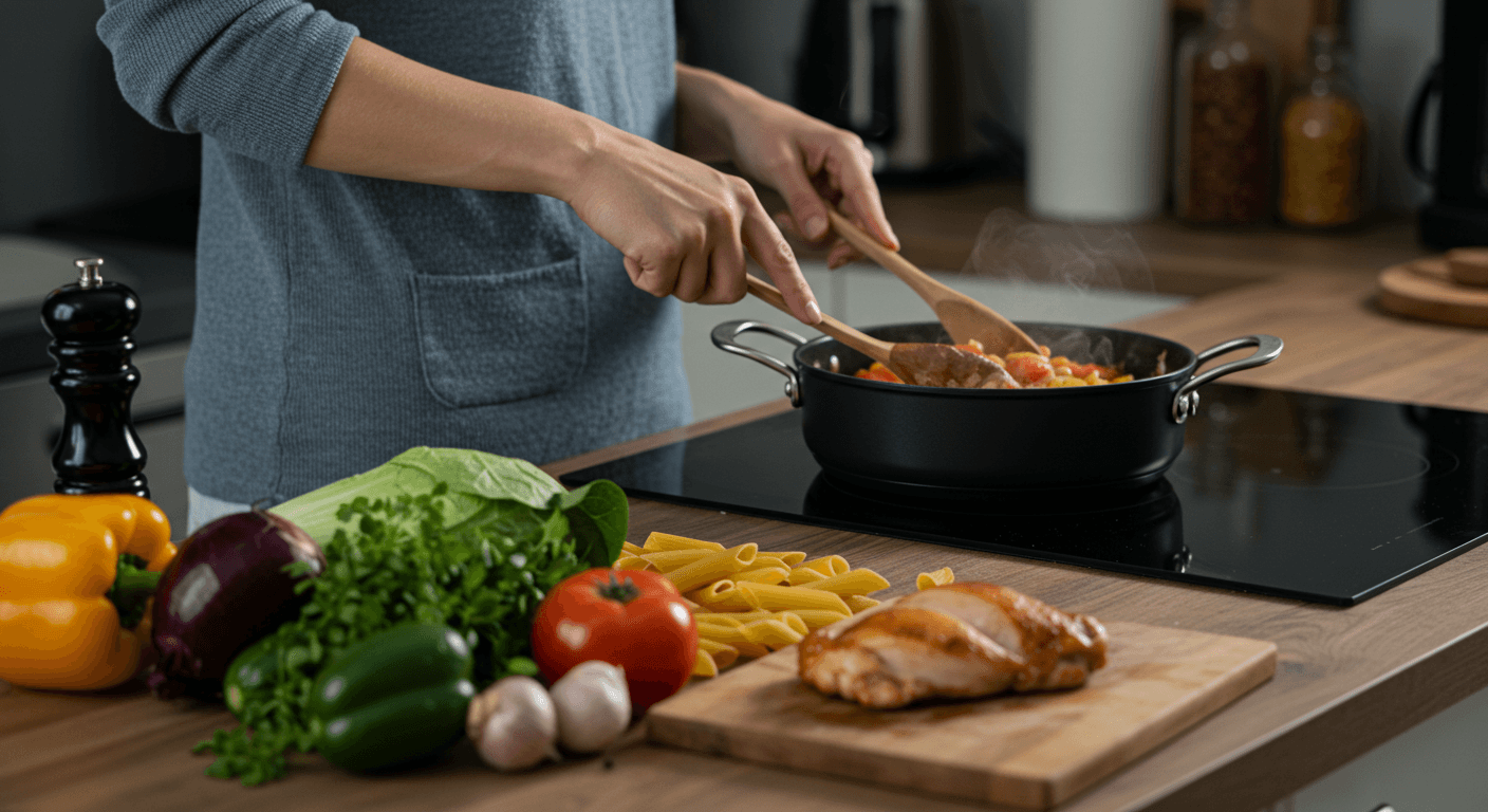 Busy person cooking easy dinner recipes in a modern kitchen