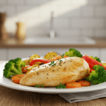 Healthy baked chicken breast with roasted vegetables on a rustic plate