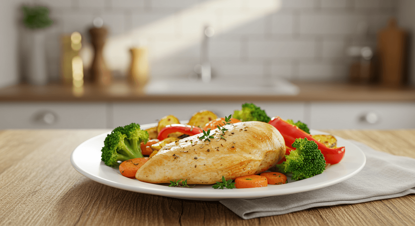 Healthy baked chicken breast with roasted vegetables on a rustic plate