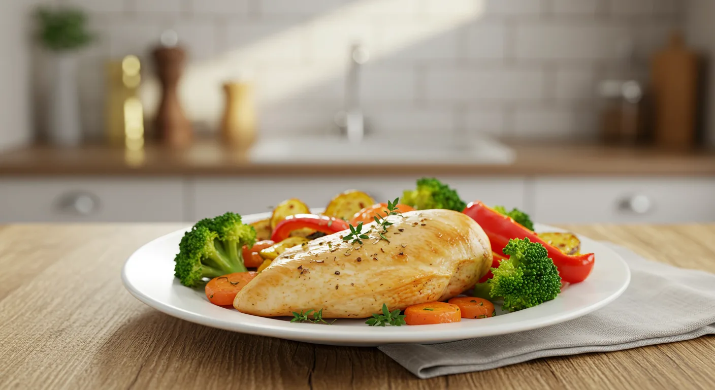 Healthy baked chicken breast with roasted vegetables on a rustic plate
