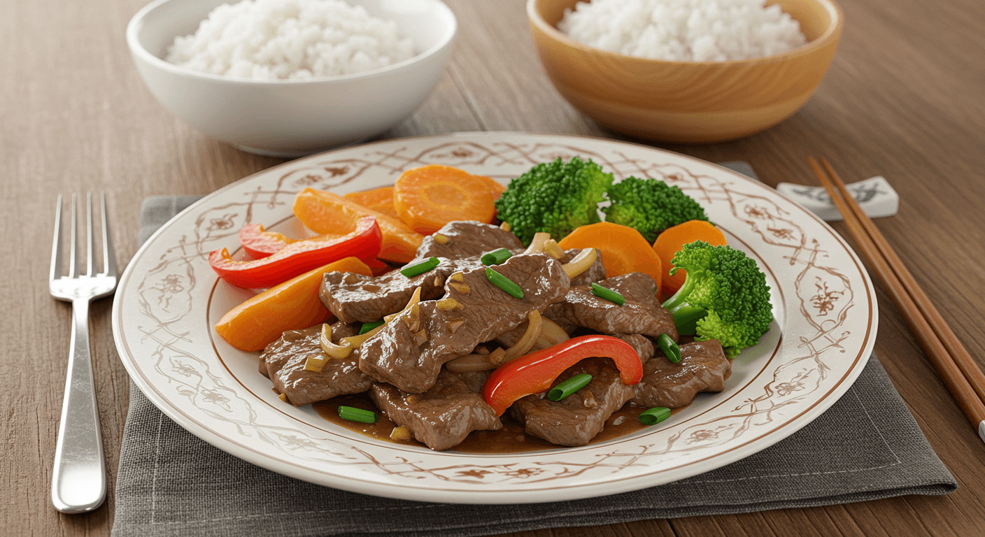 Assiette de bœuf sauté facile avec légumes colorés et riz vapeur