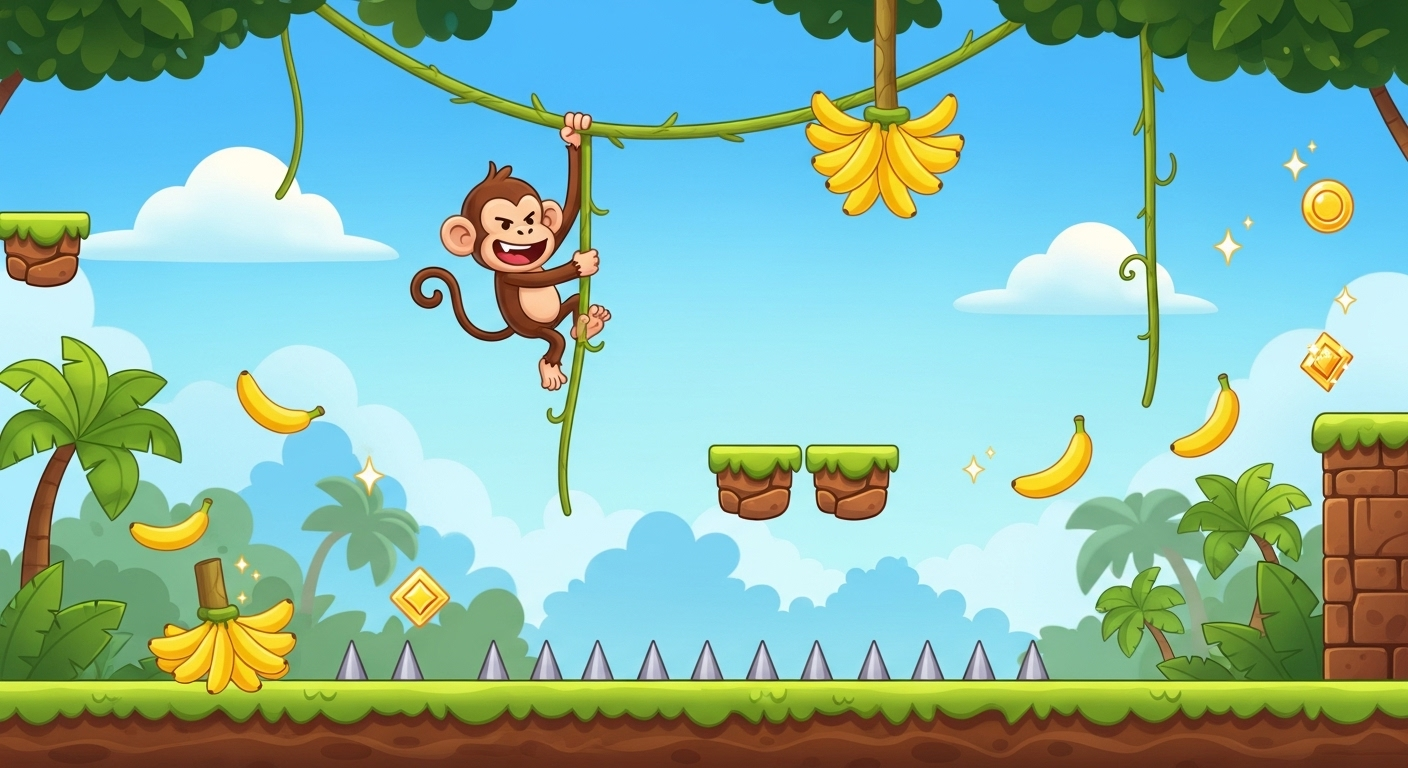 Jungle-themed cartoon platformer scene with bananas, coins, crates, and traps